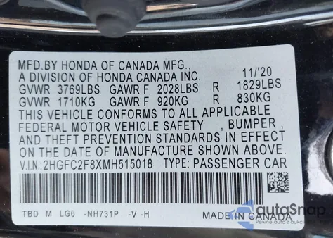 2021 Honda Civic Sport из США, поврежденный, VIN 2HGFC2F8XMH515018